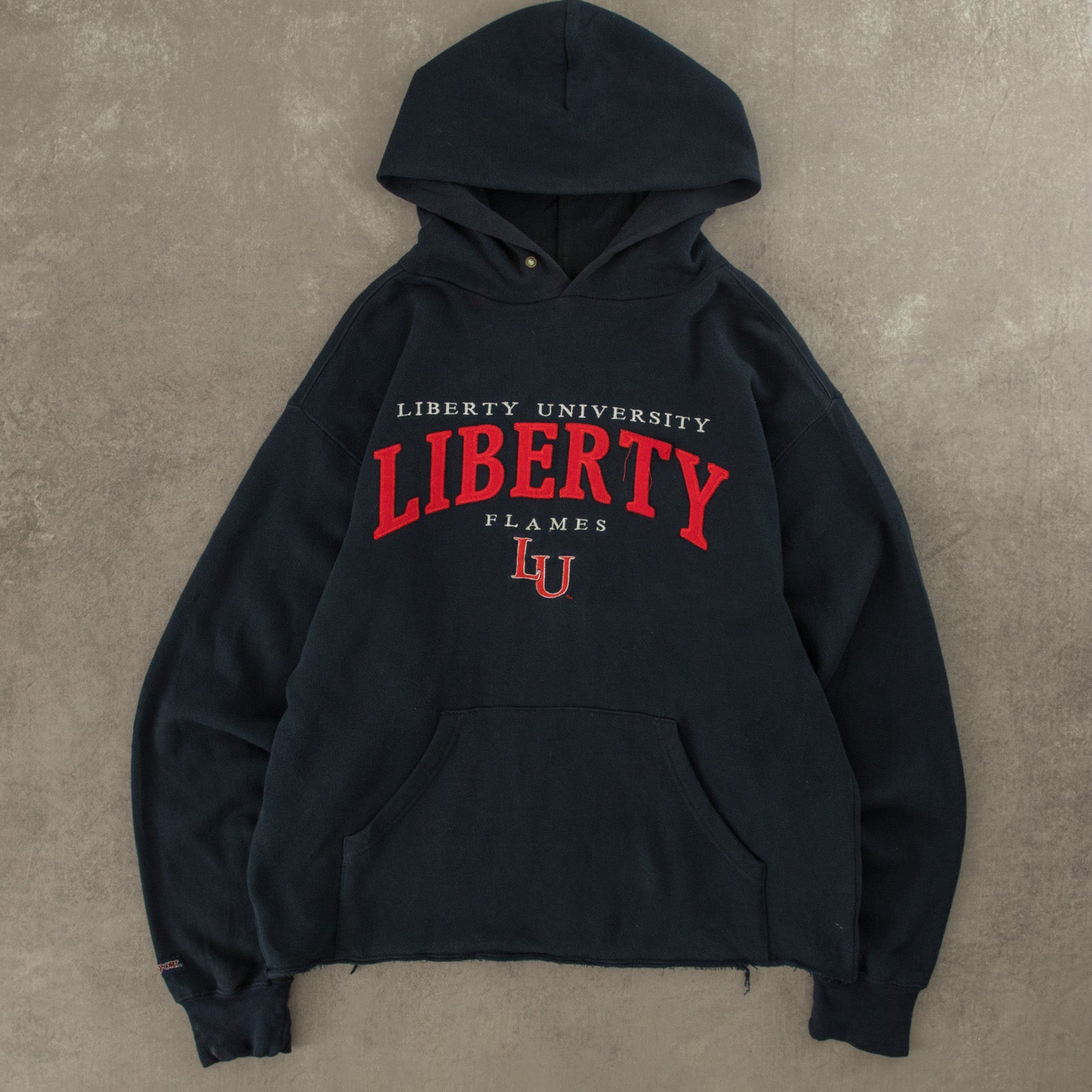 MEN S VINTAGE JANSPORT LIBERTY FLAMES RAW HEM HOODED SWEATSHIRT